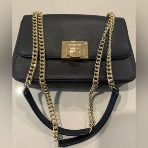 MICHAEL KORS Tina Saffiano Black Leather Chain Strap Crossbody Shoulder Bag
